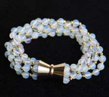 5 Strands Natural 6mm White Opal Round Gems Beads Bracelet 8'' Magnet Clasp