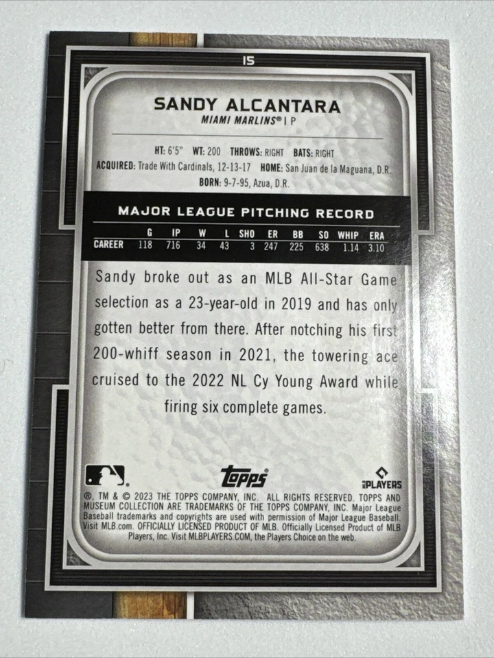 2023 Topps Museum Collection - Sandy Alcantara - Miami Marlins - Gold #/299 - Image 2 of 2