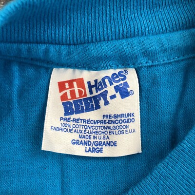 Vintage 90s Hanes Single Stitch T Shirt Large Blue Made In USA 100