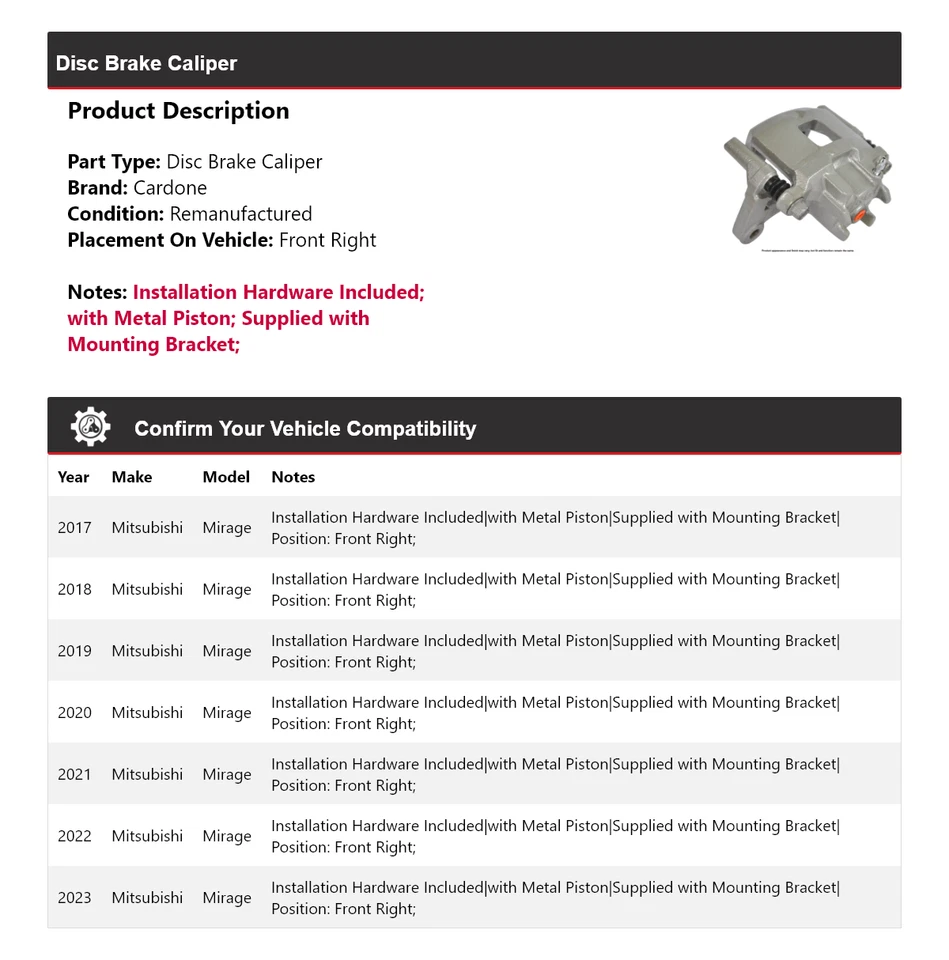 For 2017-2023 Mitsubishi Mirage Disc Brake Caliper Front Right Cardone 2018 2019 - Image 2 of 4