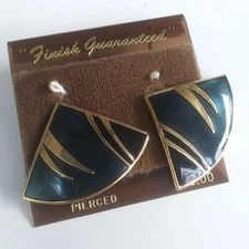 Vintage 1980s Earrings, Dark Green and Black Enamel on Gold Tone, New on Card
