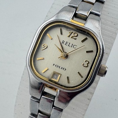 Relic Folio Quartz Watch Women Dual Tone Square Date Analog New Battery 6.5''