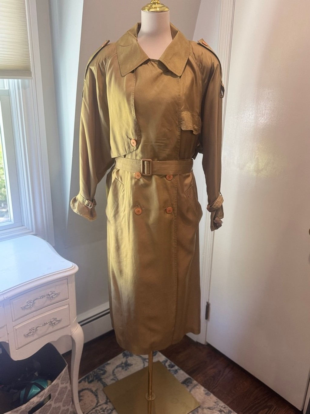 Vintage Silk Trench Coat Gold Bronze Iridescent Belted Duster Women’s L