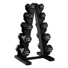HolaHatha Neoprene Coated Dumbbell Weight Set w/Storage Rack, Black(Open Box)