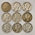 ​Lot of 9 1941 Mercury Silver Dimes 90% US Constitutional Coin Mixed Mints Lot