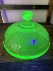 Vintage Uranium Glass Covered Dish Green Depression Etched Dome Lid Glows UV