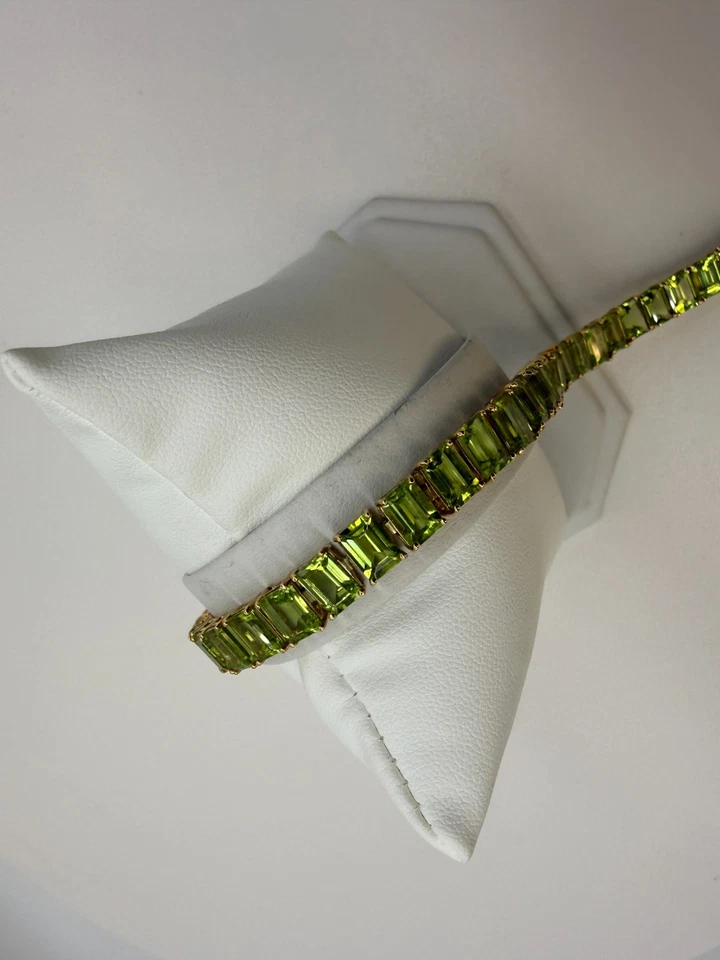 Elegant Green Peridot Tennis Bracelet Emerald Cut Gemstones 18K Gold over Silver - Image 2 of 4