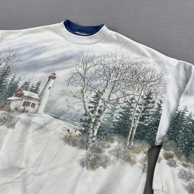 Vintage Artisans Sweatshirt Womens XL Lighthouse Winter Scene Pullover USA 90s