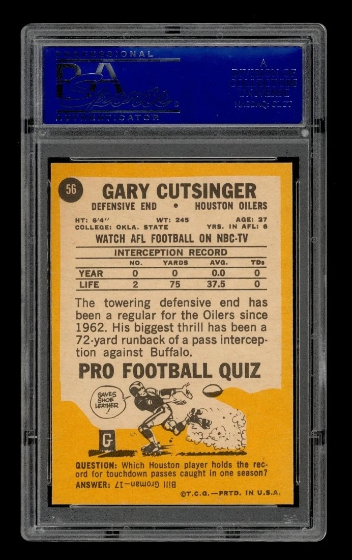 PSA 9 1967 Topps #56 GARY CUTSINGER Highest Graded Oilers Vintage Football Card view 2