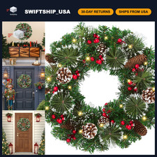 18" Artificial Christmas Wreath - Pine Needles, Red Berries, Pine Cones, Holiday