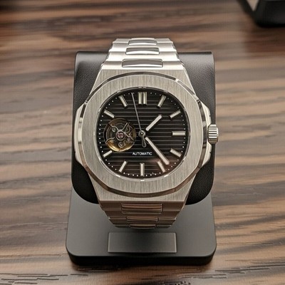 Seiktilus Armbanduhr Edelstahl Open Heart Schwarzes Ziffernblatt Automatik