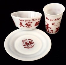 1950's VTG HAZEL ATLAS CHILDRENS PRAYER PLATE BOWL GLASS SET RED Milk Glass