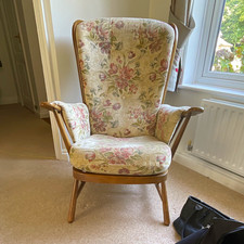 Ercol Floral Upholstered Wooden Armchair With Arms - Beige Pink Green