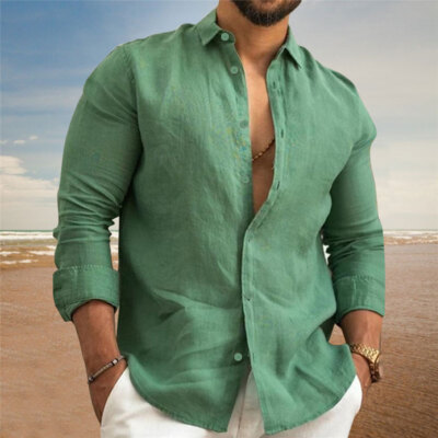 Herren Leinen Langarms Hemden Locker Freizeit Hemd Bluse Top.Oberteile Baumwolle