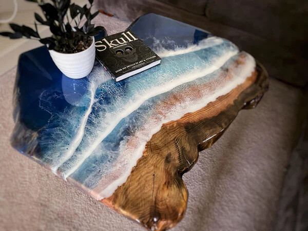 Live Edge Ocean Epoxy Coffee Table Top, Center Hallway Furniture Table Top Decor-image