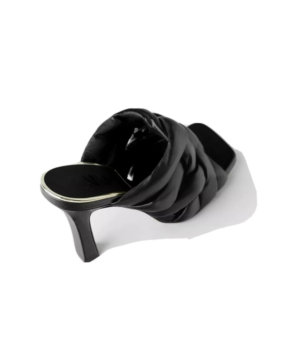 Zara Black Quilted Braided Leather Heeled Mule Shoe UK Size