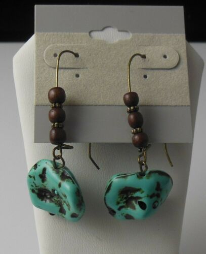 Turquoise/Wood Bead Dangle Hook Earrings 2.25" Long - Picture 1 of 1