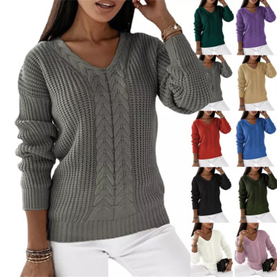 NEU DAMEN DICKER PULLOVER MIT ZOPFMUSTER VORNE V-AUSSCHNITT DAMEN LANGARM STRICKOBERTEIL