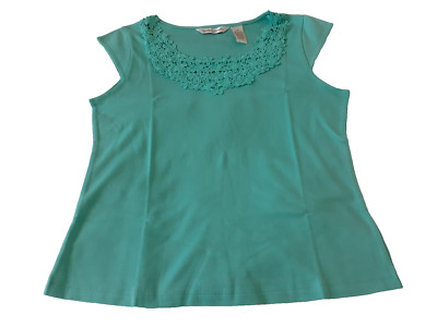 Drapers & Damons Knit Aqua Cap Sleeve Top Crochet Trim Size Medium New