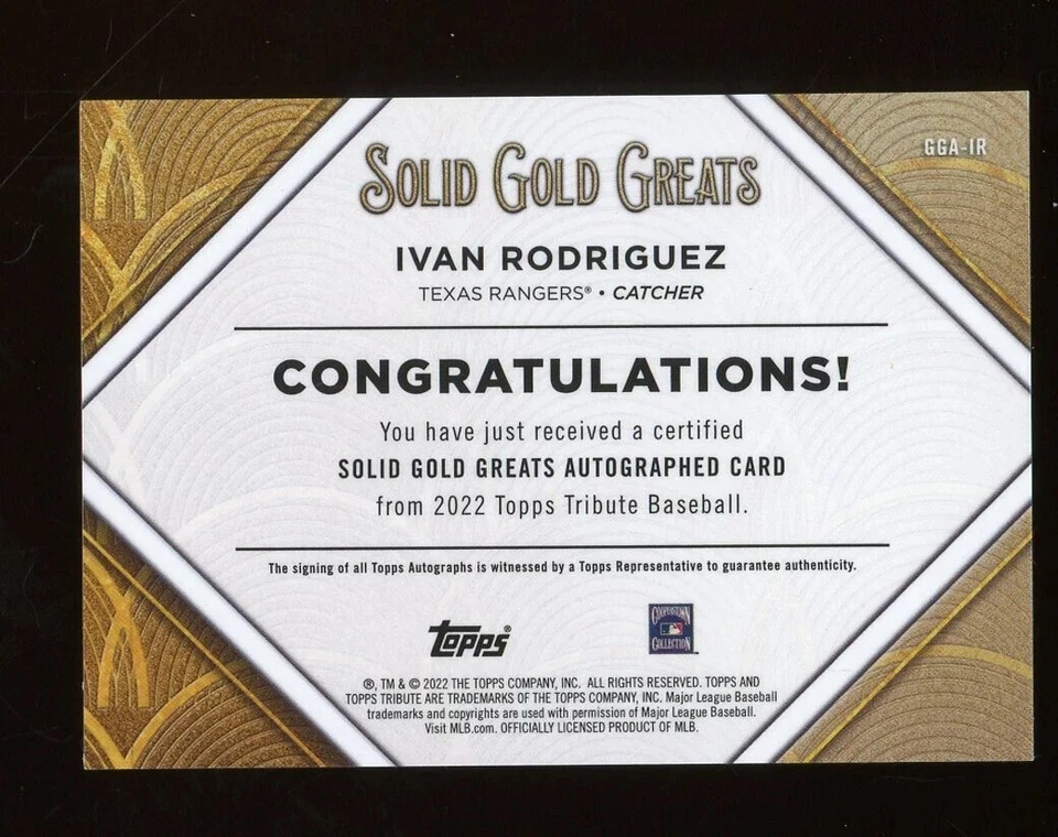 2022 Topps Tribute Solid Gold Greats Ivan Rodriguez Rangers ON CARD AUTO 038/100 - Image 2 of 2