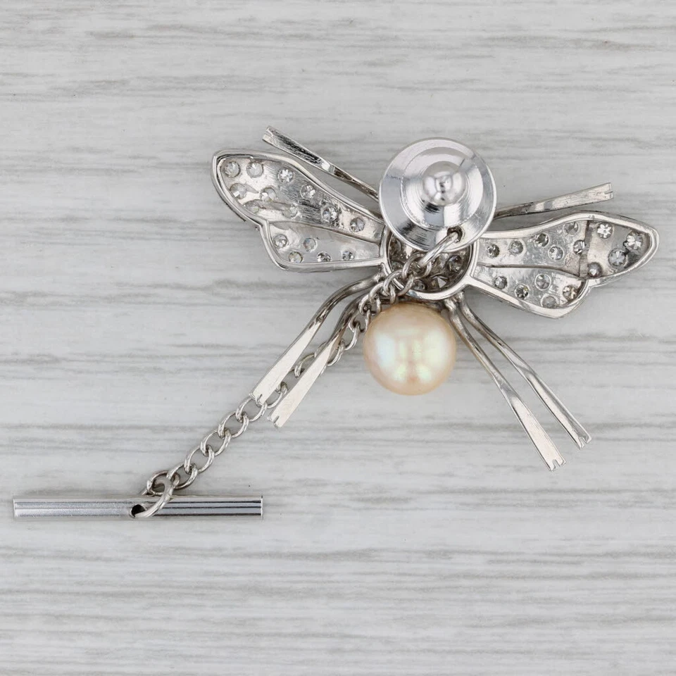 Broche de insectos voladores de colección 0,44 ctw diamante perlas cultivadas corbata tac prendedor platino Foto 2 de 4