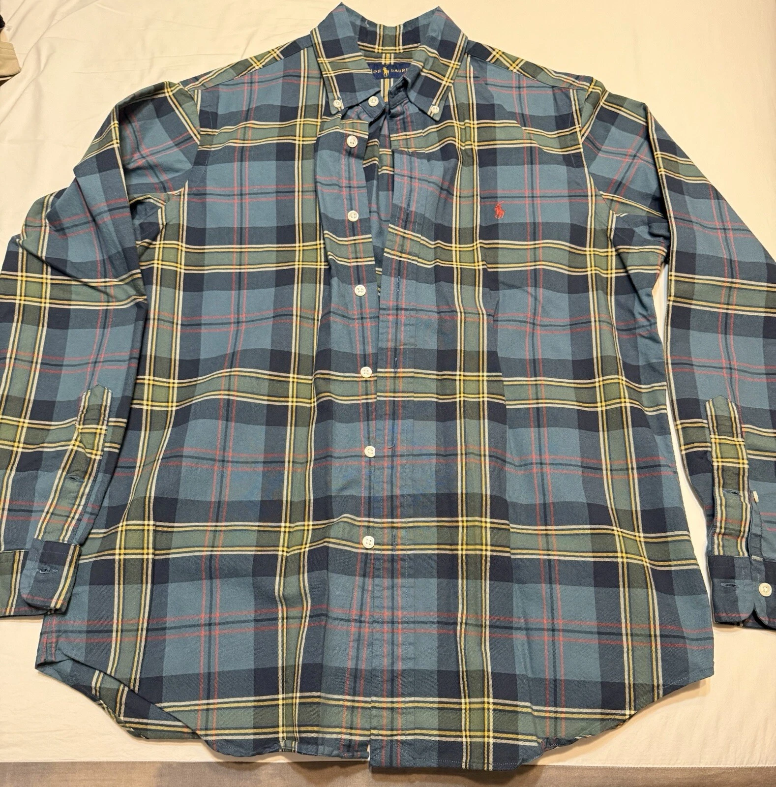 Polo Ralph Lauren Men’s Green Plaid Button Up Dress Shirt Euc Medium