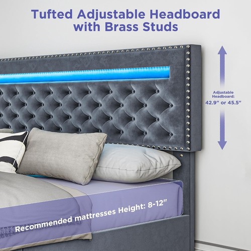 King Size Bed Frame with LED Lights, Velvet Upholstered Platform King Bed Fra... - Picture 6 of 6