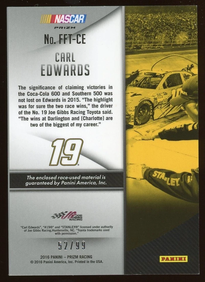 2016 Panini Prizm Nascar: Firesuit Fabrics Green Flag Carl Edwards /99 - Image 2 of 2