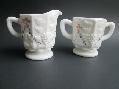 Vintage WESTMORELAND MILK GLASS Paneled Grape Sugar & Creamer HAND-PAINTED ROSES