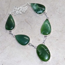 925 Silver Plated Nephrite Jade Necklace 19" One Of A Kind Design Trendy GW