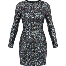 FORE Sequin Mini Dress Womens L Multicolor Open Back Long Sleeve Party Cocktail