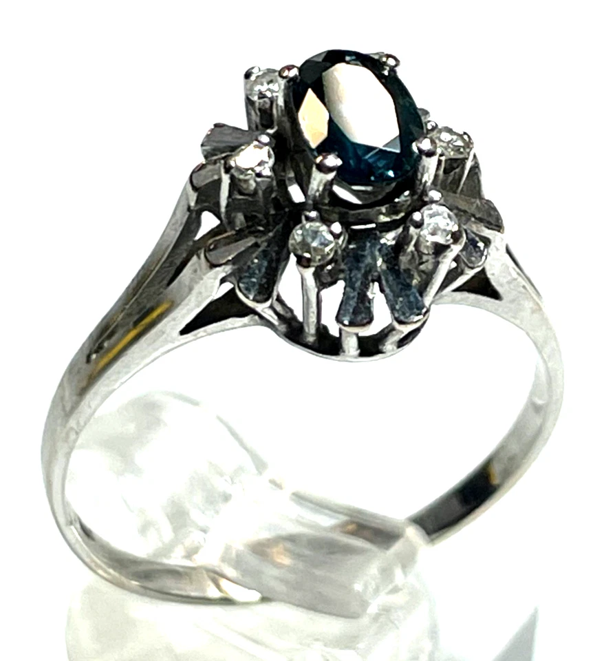 Klassischer 585 Gold 14 K Entourage Ring Weißgold 1 Saphir 6 Diamanten RG 59 - Bild 3 von 4