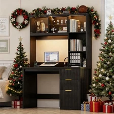 Gurexl Home Office Desk with 3 Color LED Lights, Computer Desk with Power Outlet