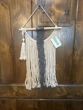 MACRAME WALL DECOR CHIC HANGING TAPESTRY BOHO IVORY BLUE 24"L WOVEN ALL DECOR