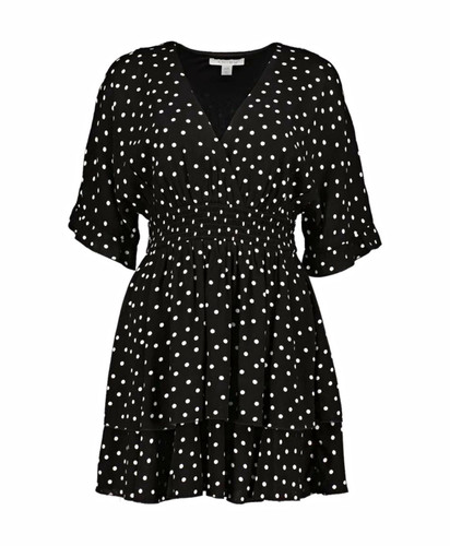 Socialite Polka Dot V-Neck Smocked Waist Ruffle Short Sleeve Dress