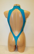 Women Thong Leotard 204-06 High Collar Open Chest and Back Blue Spandex Size S