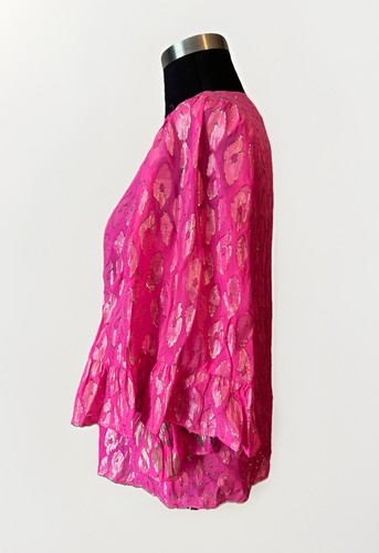 Top Lilly Pulitzer Razberry leopardato metallizzato Francis seta manica a balza taglia XXS - Foto 2 di 6