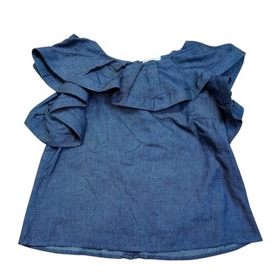 Touch Me Denim Blue Ruffle Blouse Women s L Chambray Flutter Sleeve Top