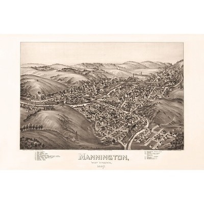 1897 Bird's Eye View Drawing of Mannington West Virginia Historic Town