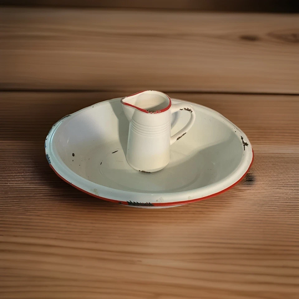 Juego de lavabo esmaltado blanco de colección 18"x13,5”x4,5” y jarra 7” con borde rojo (KT325) Foto 4 de 4