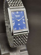 Vintage Seiko Slim Tank Quartz Men Blue Dial Dress Watch-Free DDP Shipping