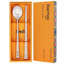 BAPMOO Korean Chopsticks and Spoon Set Combinations Reusable Long Handle Metal S
