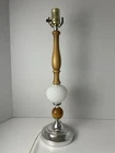 Vintage Mid Century Modern White Milk Glass Hobnail & Wooden Table Lamp