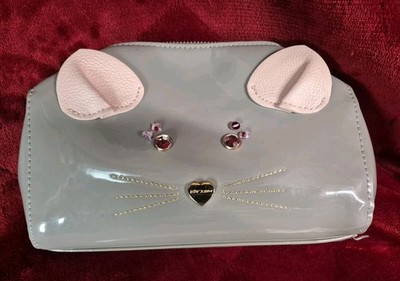 Betsey Johnson Large Grey Cat Kitty Face Clutch Pouch Bag Makeup Case Purse