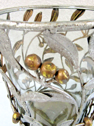 Iron and Glass Silver Leaves and Gold Berries 8 1/4" Tall Pillar Candle Holder - Picture 5 of 9