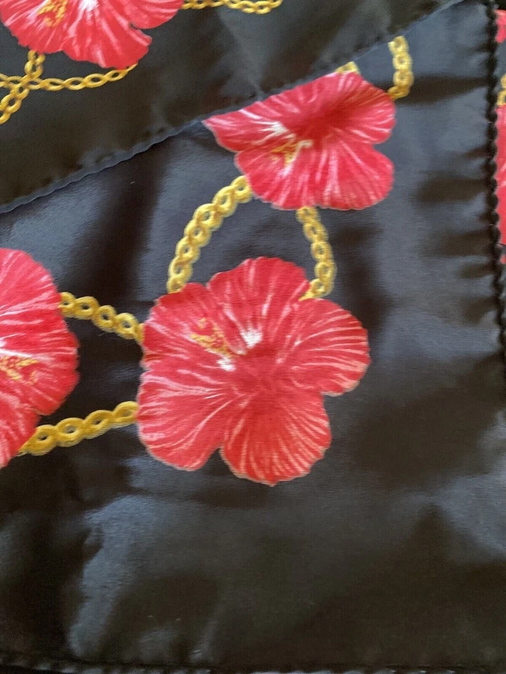 Bufanda de hibisco rosa floral vintage años 80 Hawaii 34" cuadrada negra Foto 4 de 4