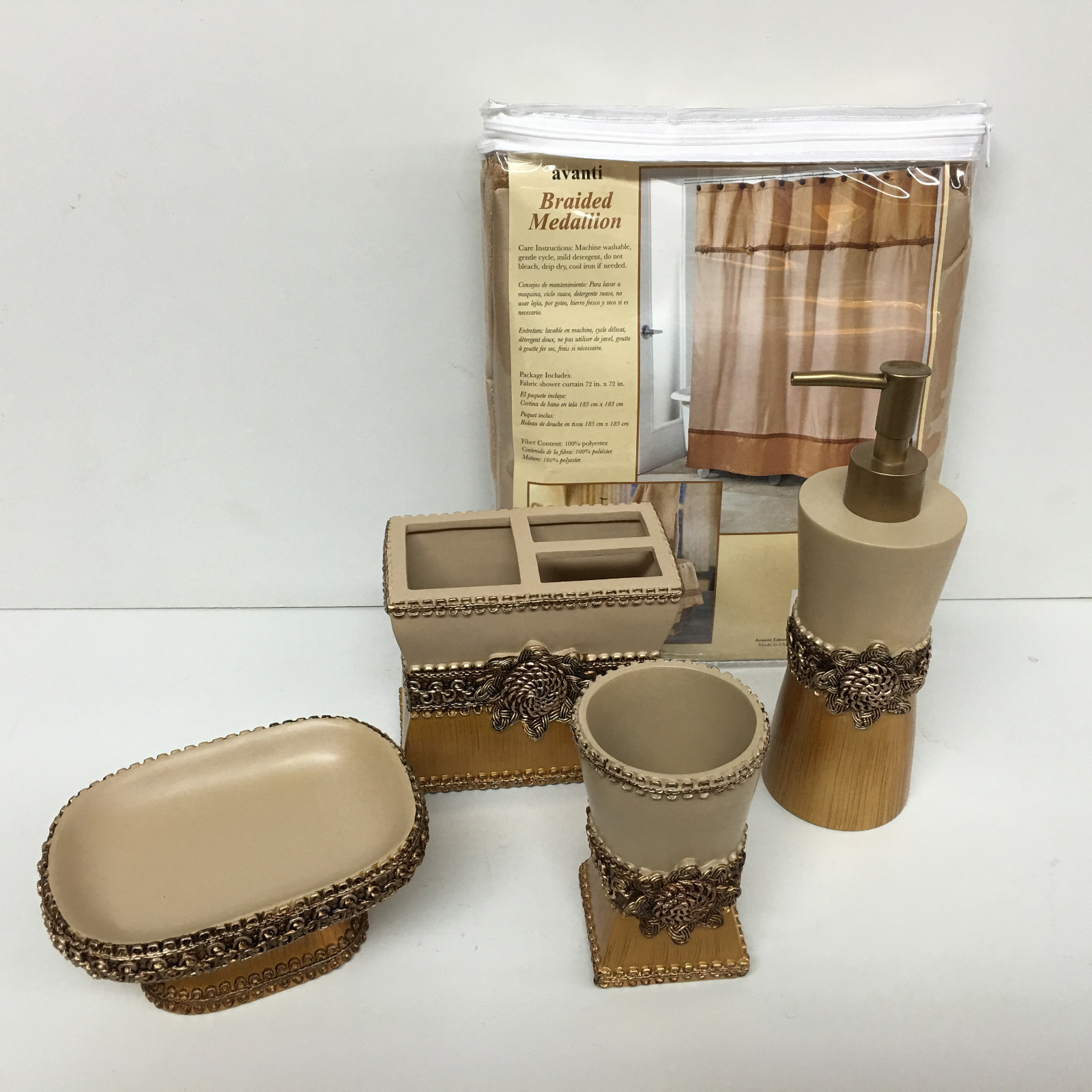 Avanti Linens Piece Braided Medallion Gold Shower Curtain and