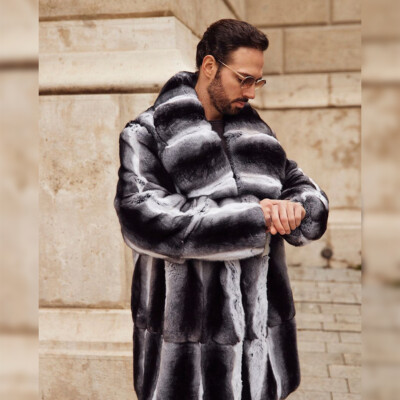 Men Fashion Lapel Chinchilla Real Rex Rabbit Fur Coats Thick