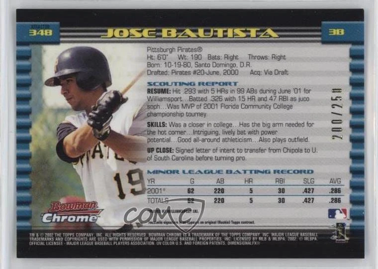 G2U 2002 Bowman Chrome XFractor 250 Jose Bautista 348 Rookie RC - Image 2 of 2