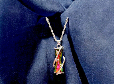 Iridescent Prism Crystal Pendant Necklace   Silver Tone Swirl Wrap